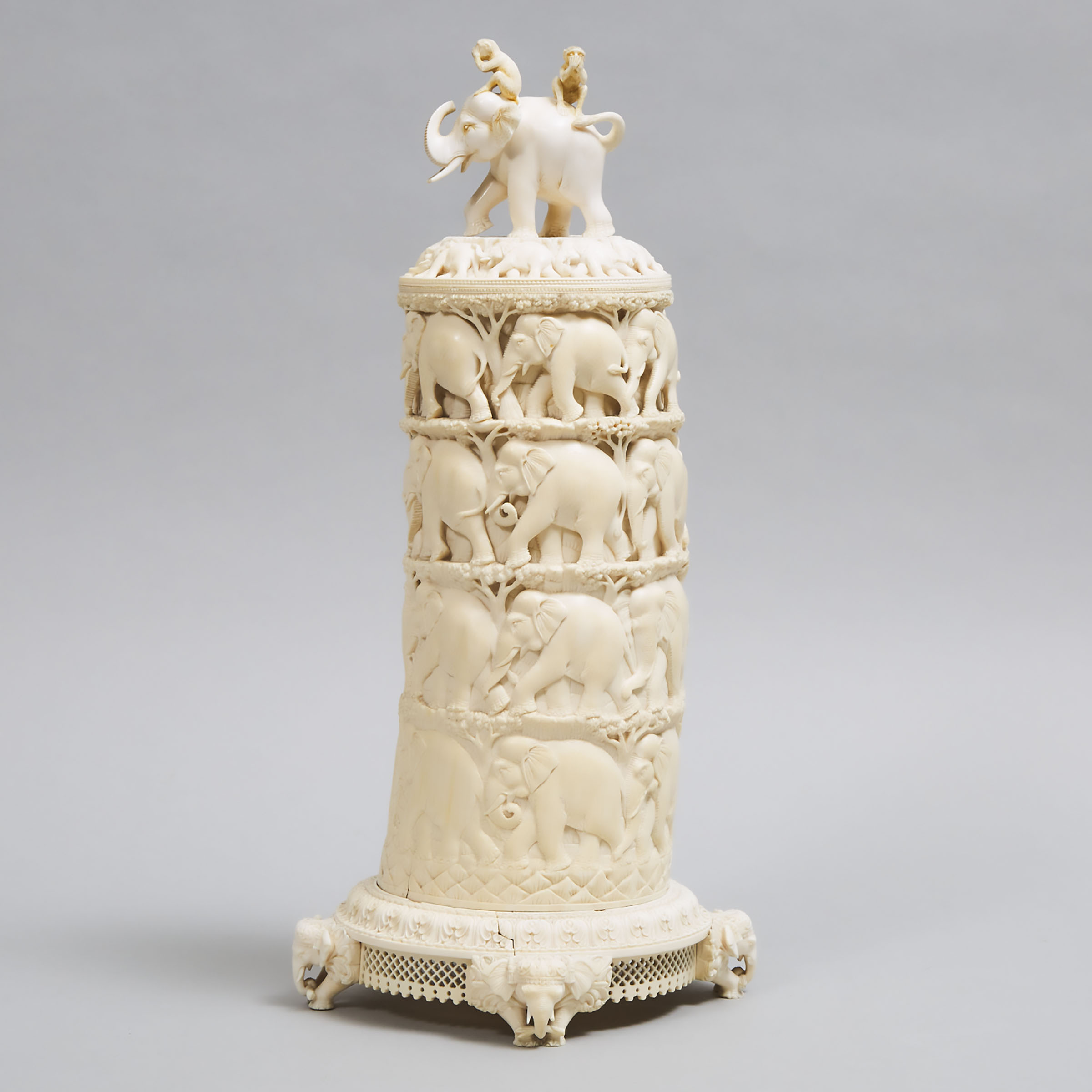 Indian Carved Ivory Elephant Parade Tower Form Covered Presentation Vase, 19th century