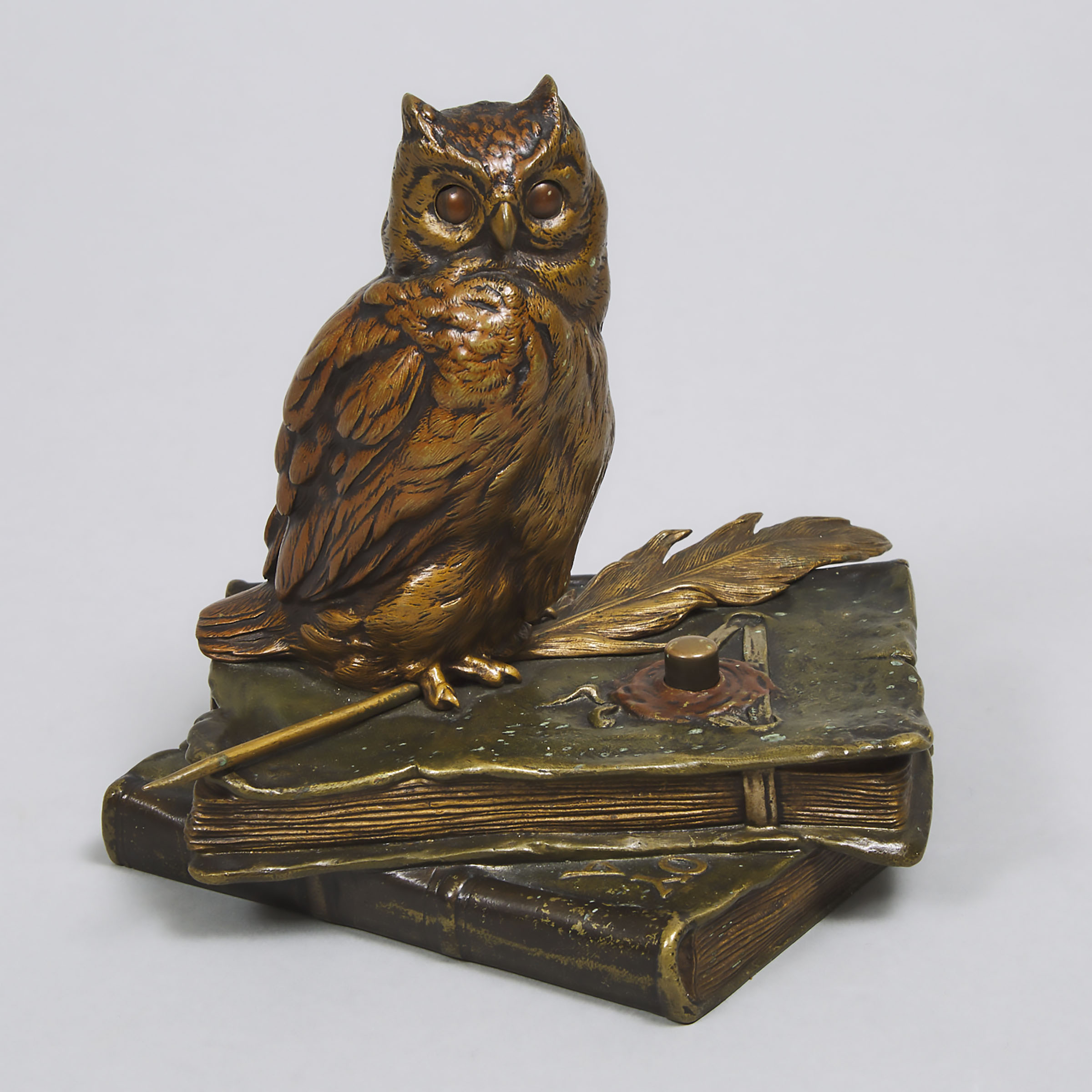 Austrian Cold Painted Bronze Animated Owl Form Servant Call Button, early 20th century