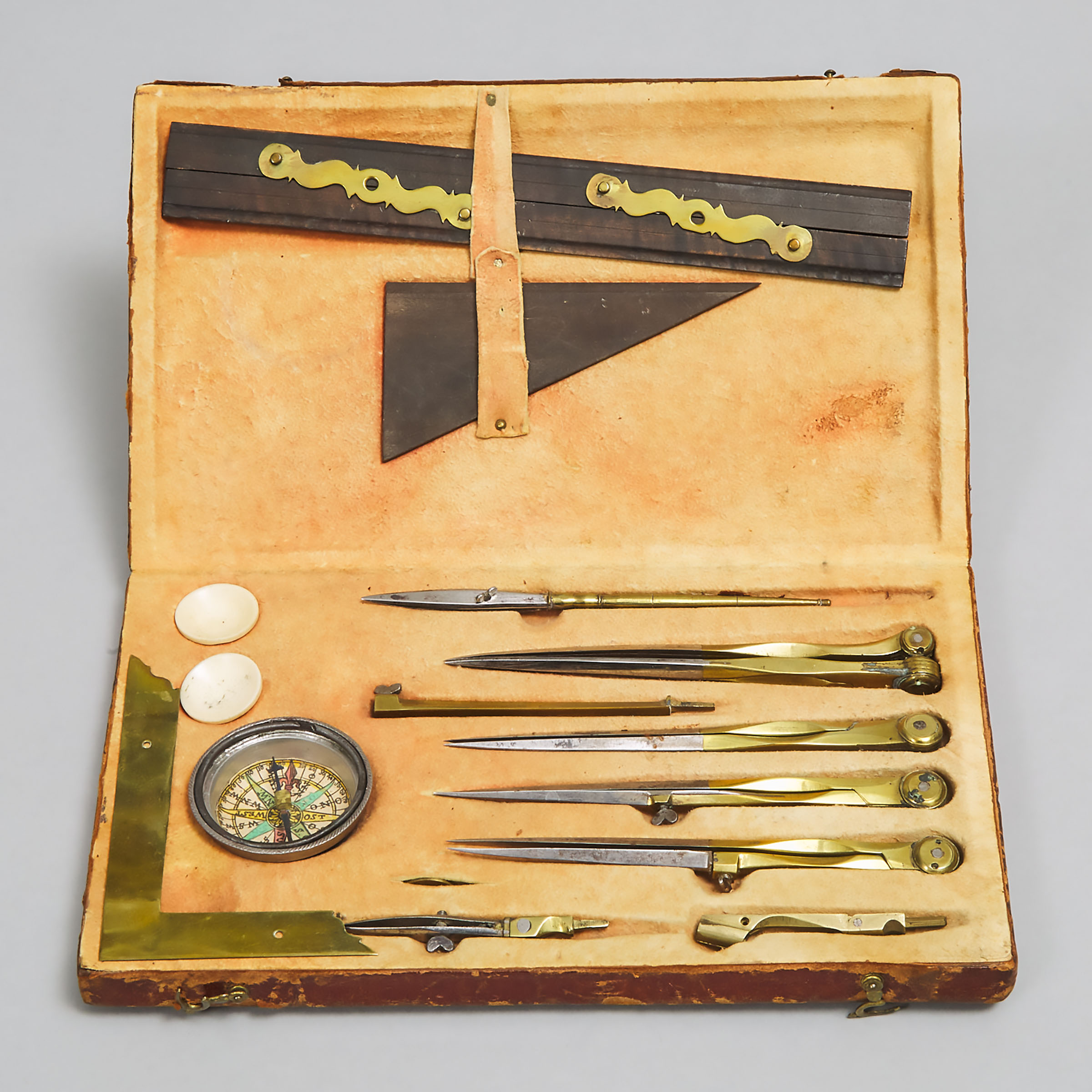 Early  Victorian Brass, Ebony and Ivory Cartographer's Drafting Set, early 19th century