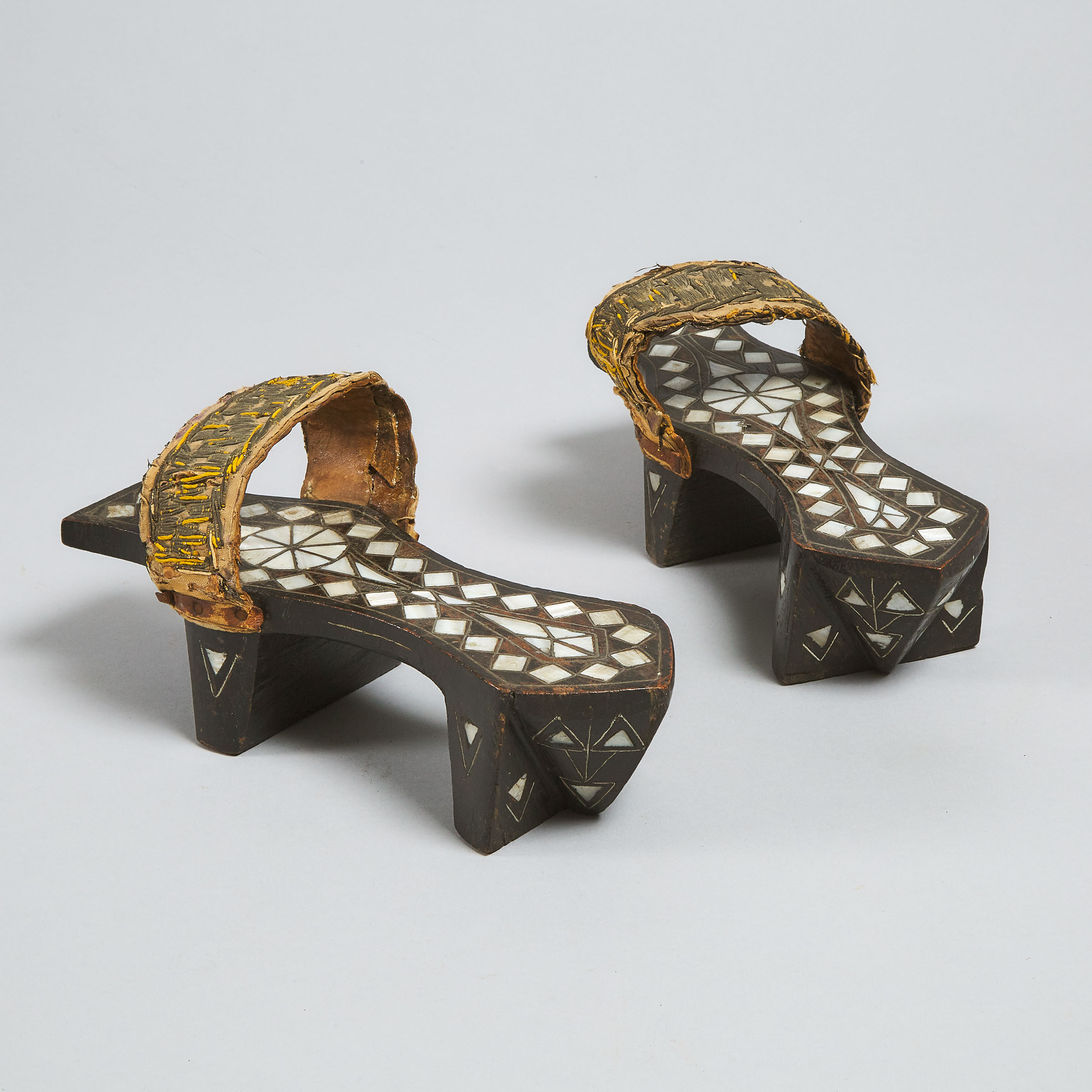 Pair of Turkish Ottoman Silver Wire and Mother-of-Pearl Inlaid Bath Shoes, 19th century