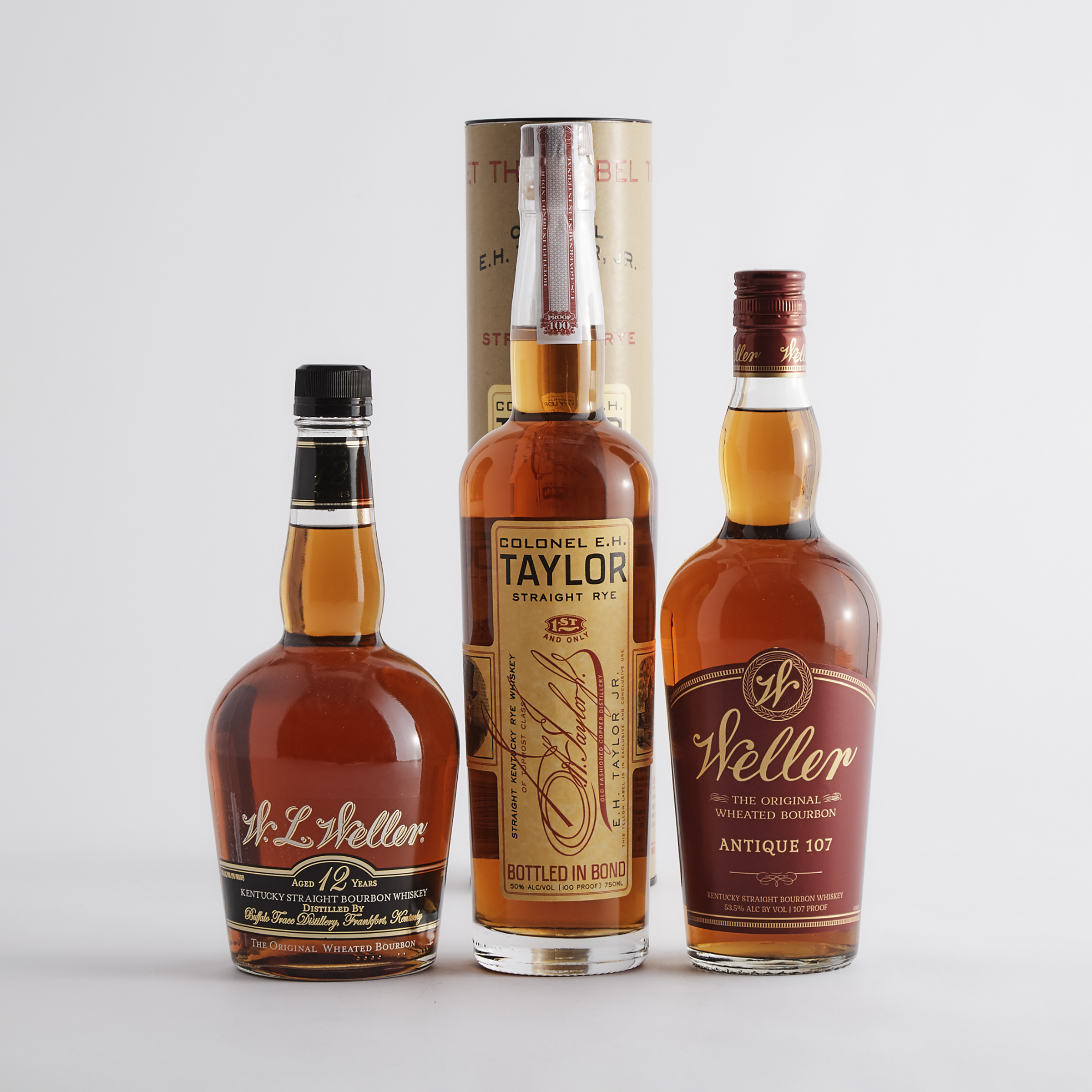 COLONEL E.H. TAYLOR JR. STRAIGHT KENTUCKY RYE WHISKEY (ONE 750 ML)
W.L. WELLER KENTUCKY STRAIGHT BOURBON WHISKEY 12 YEARS (ONE 750 ML)
WELLER ANTIQUE 107 ORIGINAL WHEATED BOURBON (ONE 750 ML)