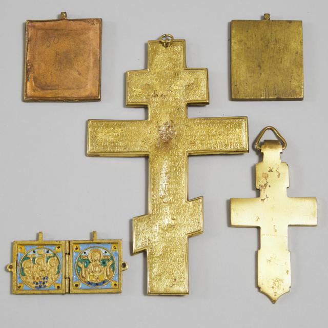 Five Russian Bronze and Enamelled Bronze Travelling Icons, 20th century