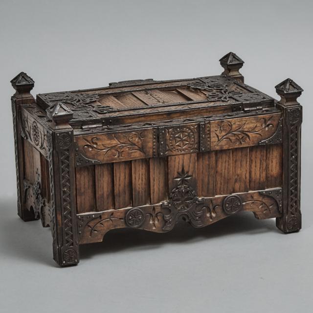 Continental Renaissance Revival Iron Overlaid Oak Table Casket, early 20th century
