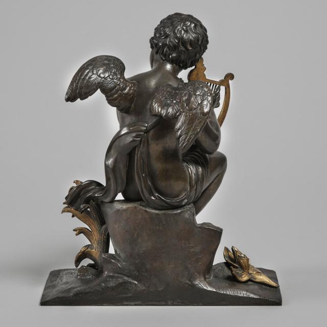 French Patinated and Gilt Bronze Figure of a Putto Playing a Harp, c.1870