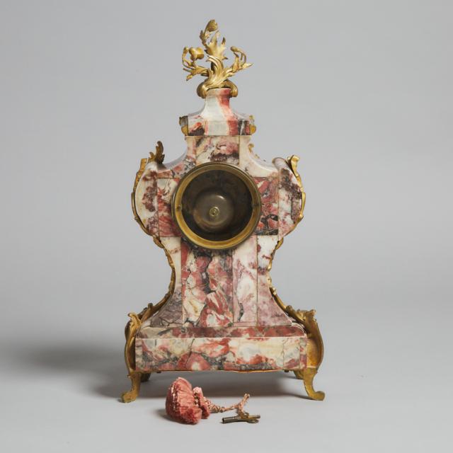 French Rococo Ormolu Mounted Bréche Rouge Marble Mantle Clock, late 19th century