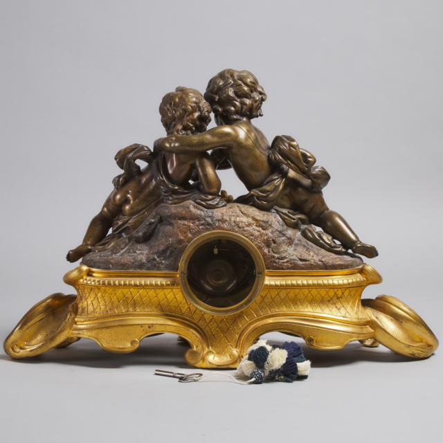 Large Napoleon III French Gilt and Patinated. Bronze Figural Mantel Clock, mid-late 19th century
