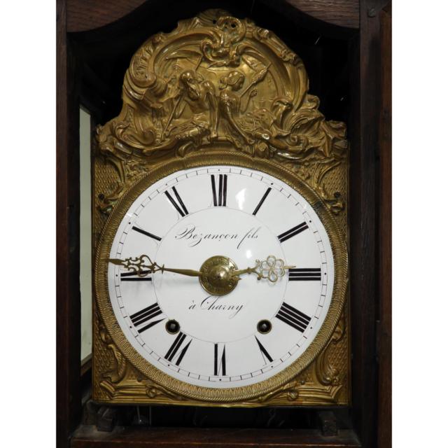 French Carved Oak Tall Case Morbier Clock, Bezancon Fils, Charny, 19th century