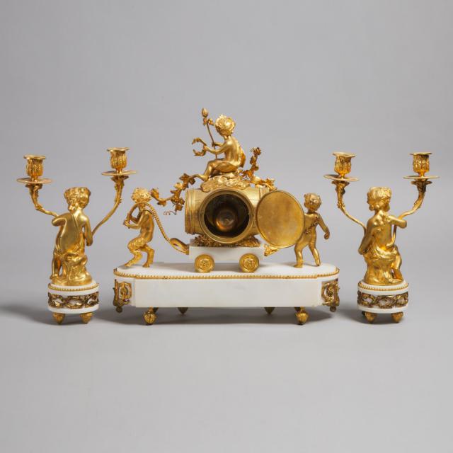 Louis XVI Style Ormolu Mounted White Marble French Clock Garniture, c.1870