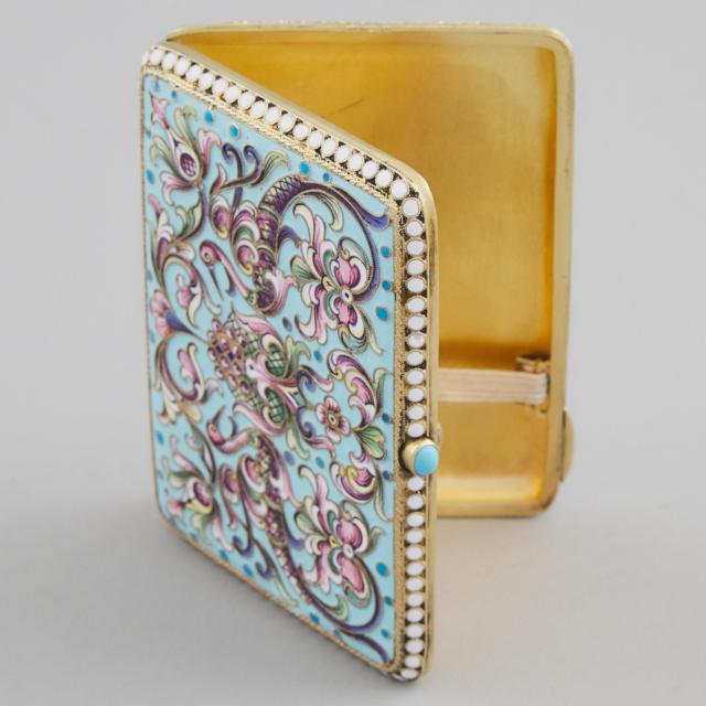 Russian Silver-Gilt and Cloisonné Shaded Enamel Rectangular Cigarette Case, Moscow, c.1899-1908