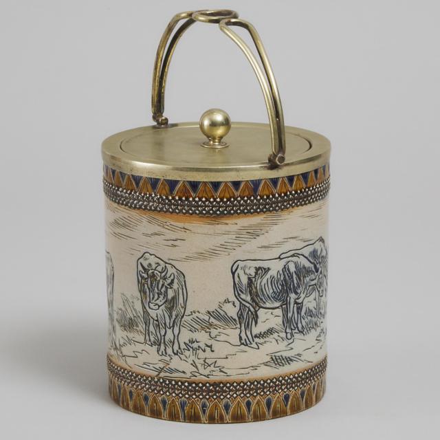 Doulton Lambeth Stoneware Biscuit Barrel, Hannah Barlow, 1883