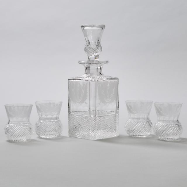 Edinburgh Crystal 'Thistle' Pattern Cut Glass Decanter and Four Tumblers, 20th century