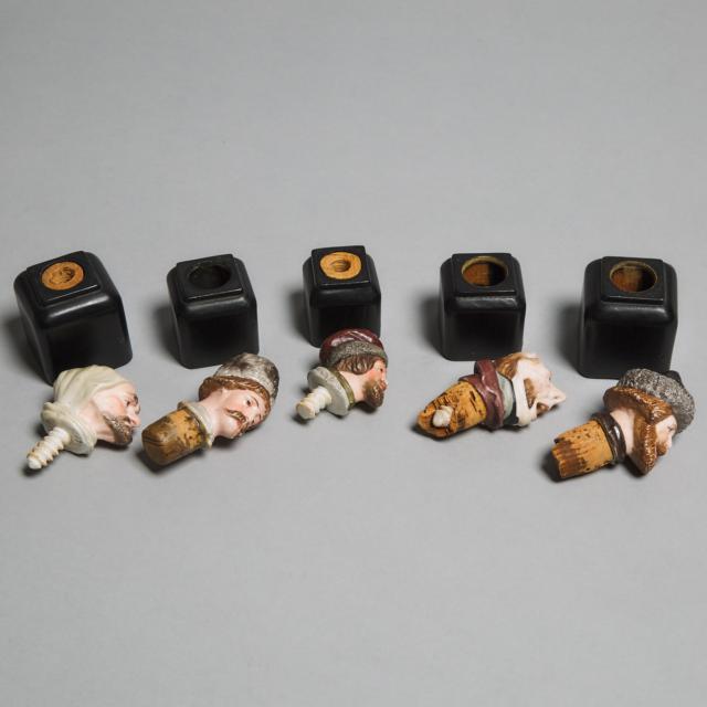 Five Russian Gardner Porcelain Character Decanter or Bottle Stoppers, late 19th century