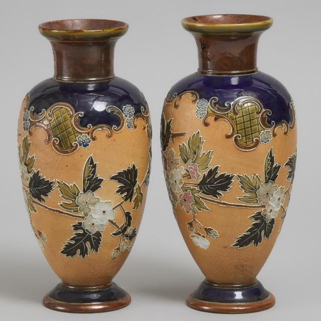 Pair of Doulton Lambeth 'Doulton & Slater's Patent' Stoneware Vases, Emily J. Partington, c.1900