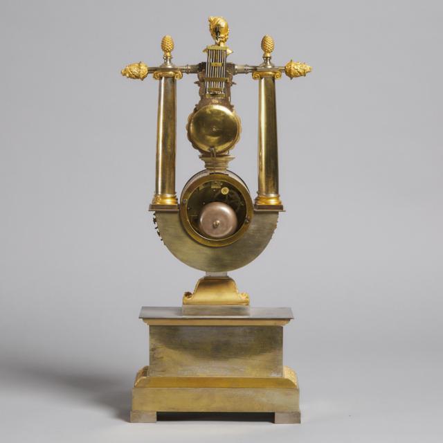 French Empire Gilt and Silvered Bronze Lyre Form Mantel Clock, Jacques Cailly, Paris, c.1830