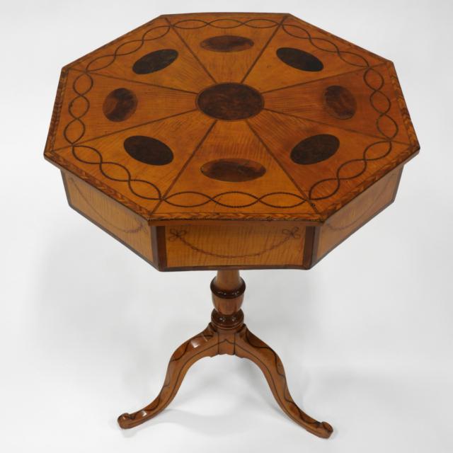 Regency Style Mahogany Inlaid Tiger Maple Octagonal Work Table, c.1830