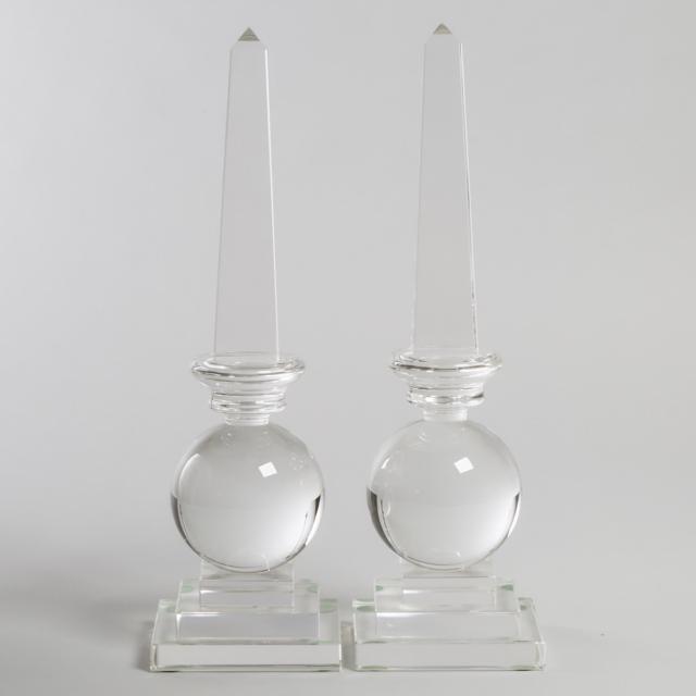 Pair of Contemporary Moulded and Cut Glass Obelisks, late 20th century