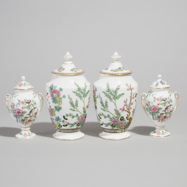 Pair of Coalport 'Indian Tree' Covered Vases and a Pair of Smaller Aynsley 'Pembroke' Pattern Two-Handled Vases with Covers, 20th century