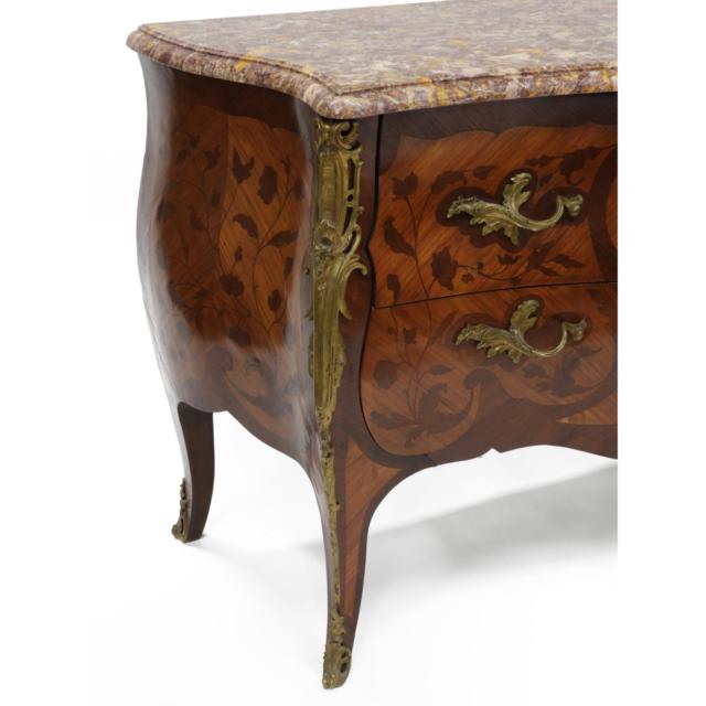 French Ormolu Mounted Inlaid Parquetry Bombé Commode on Stand, c.1900
