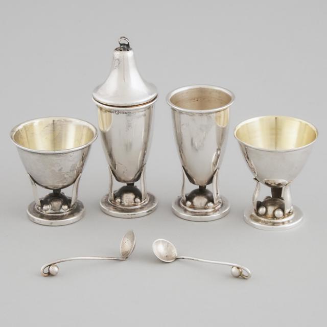Pair of Canadian Silver Salt Cellars with Spoons and a Pair of Pepper Casters, Poul Petersen, Montreal, Que., mid-20th century