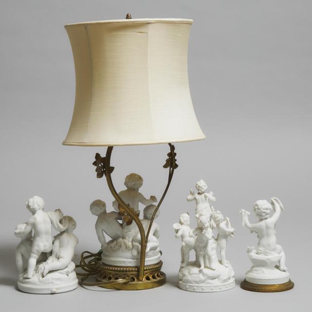 Two Sèvres White Biscuit Figure Groups, one as a Lamp, Together with Two Other Groups, 19th century
