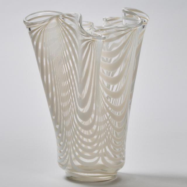 Opaque White Ribbon Glass Handkerchief Vase, probably Czech, mid-20th century