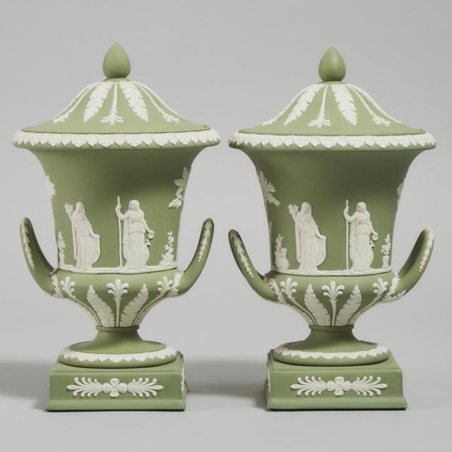 Pair of Wedgwood Green Jasper Two-Handled Covered Vases, 20th century