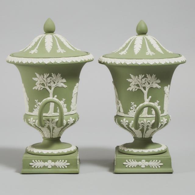 Pair of Wedgwood Green Jasper Two-Handled Covered Vases, 20th century
