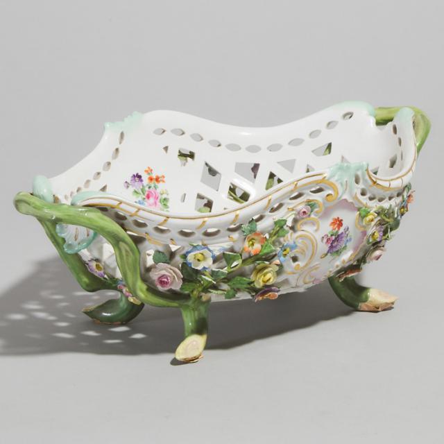 Meissen Flower-Encrusted and Reticulated Oval Two-Handled Basket, late 19th/early 20th century