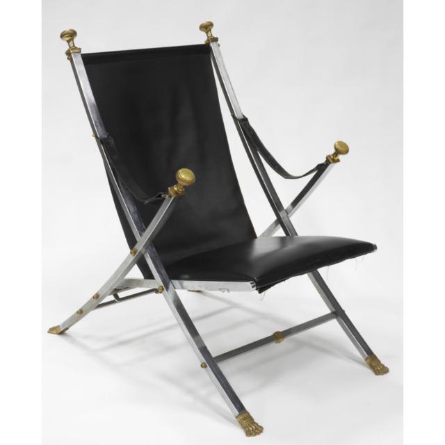 Neoclassical Bronze Mounted Brushed Steel Campaign Chair and Ottoman by Otto Parzinger for Maison Jansen, Paris, c.1970