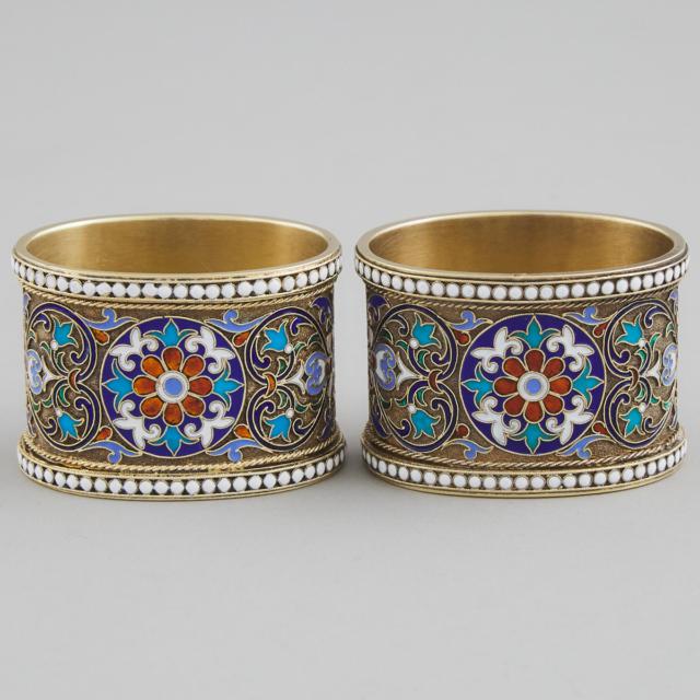 Pair of Russian Silver-Gilt and Cloisonné Enamel Oval Napkin Rings, Moscow, 1887(?)