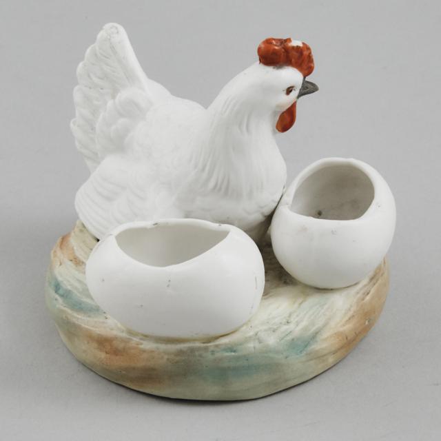 Russian Coloured Biscuit Porcelain Hen and Eggs Salt Cellar, probably Kuznetsov, c.1900
