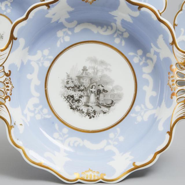 English Porcelain Bat-Printed Pale Blue and Moulded White Ground Dessert Service, c.1825