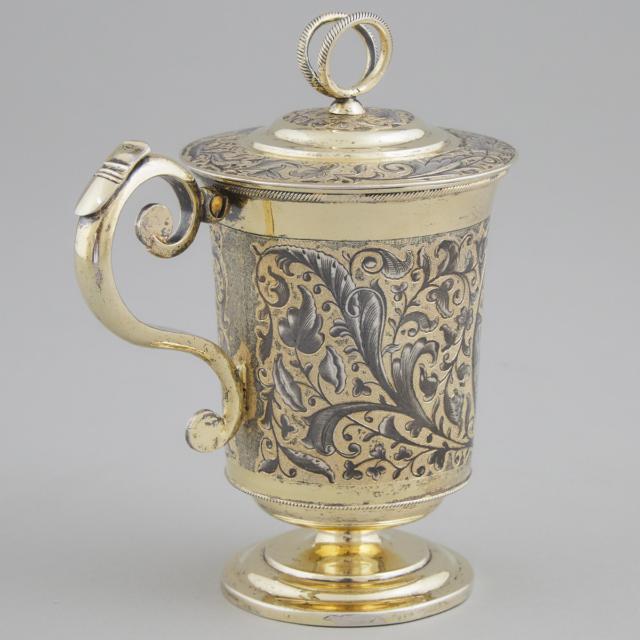 Russian Engraved and Nielloed Silver-Gilt Traveling Covered Cup, Moscow, 1840