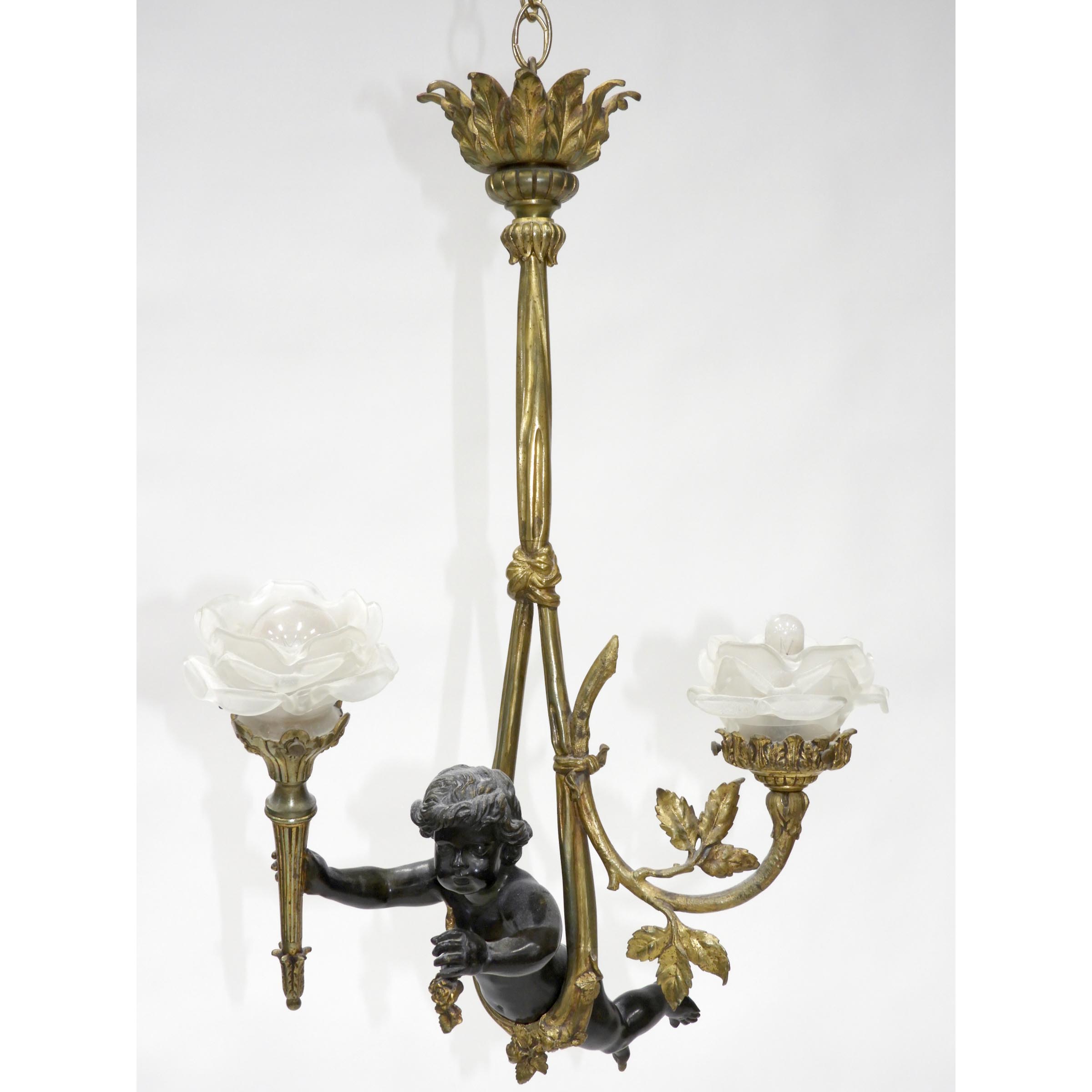 Belle Epoque Patinated and Gilt Bronze Figural Hanging Light Fixture