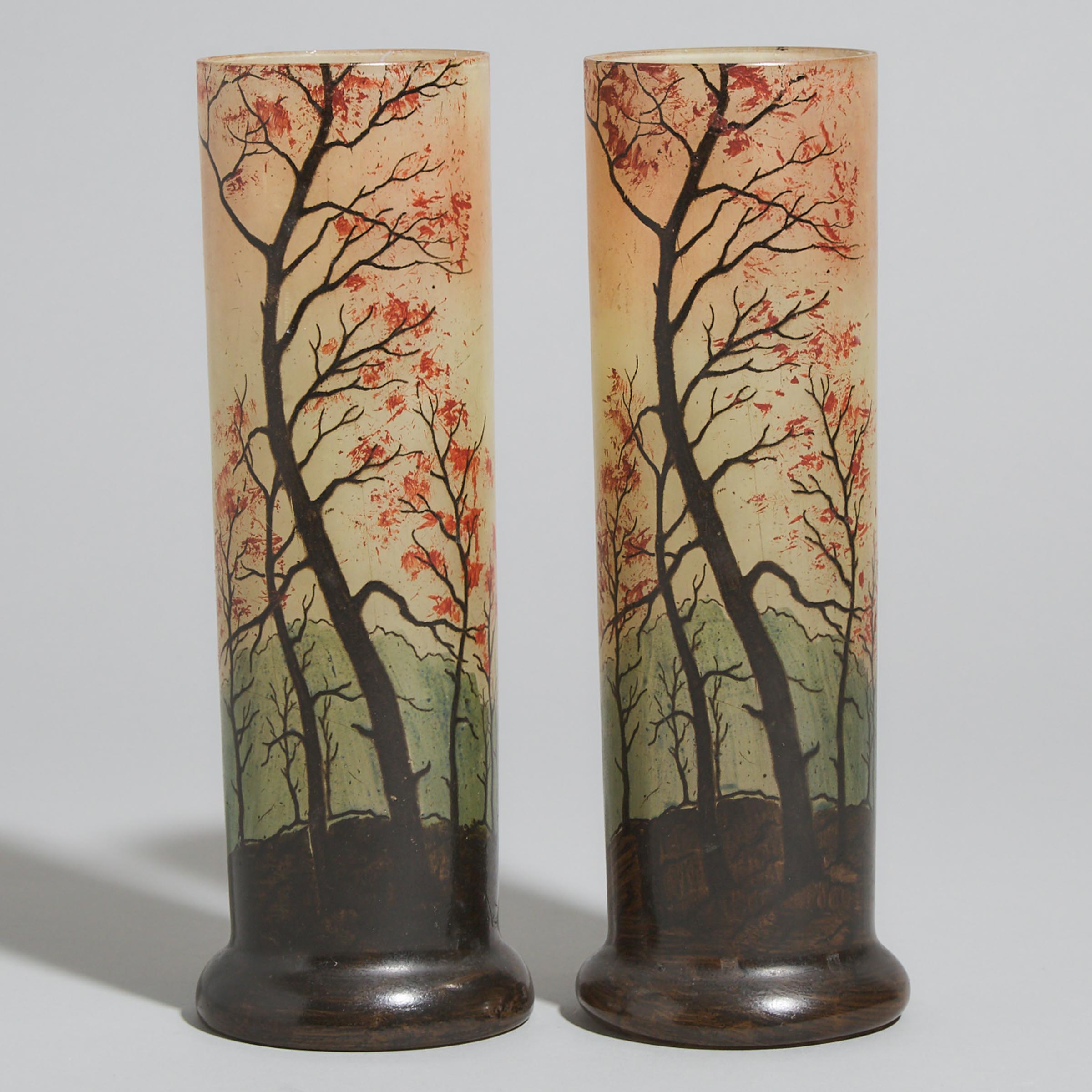 Pair of Legras Style Enameled Glass Landscape Vases, early 20th century 