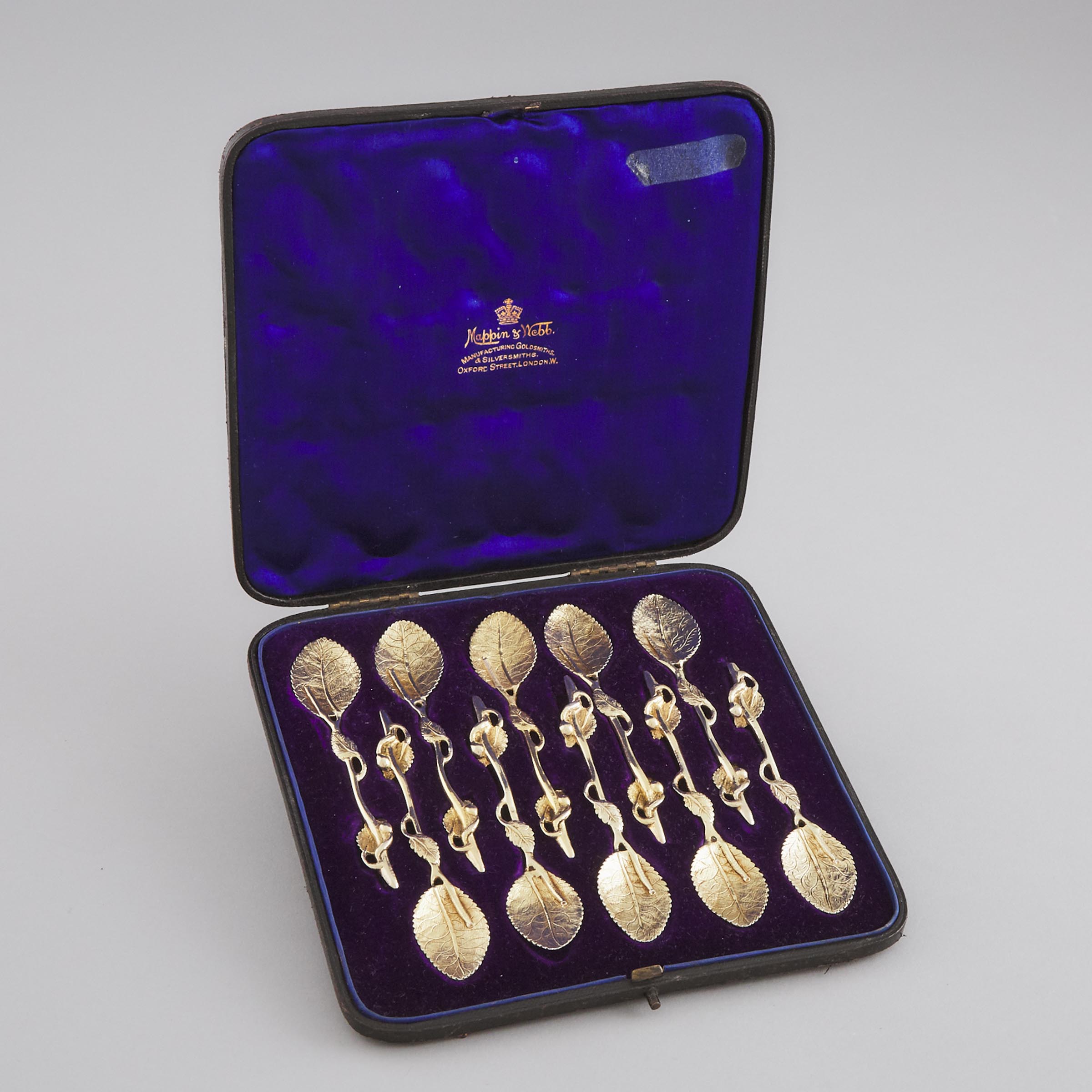 Set of Ten Cast Silver-Gilt Leaf Tea Spoons, probably 19th century