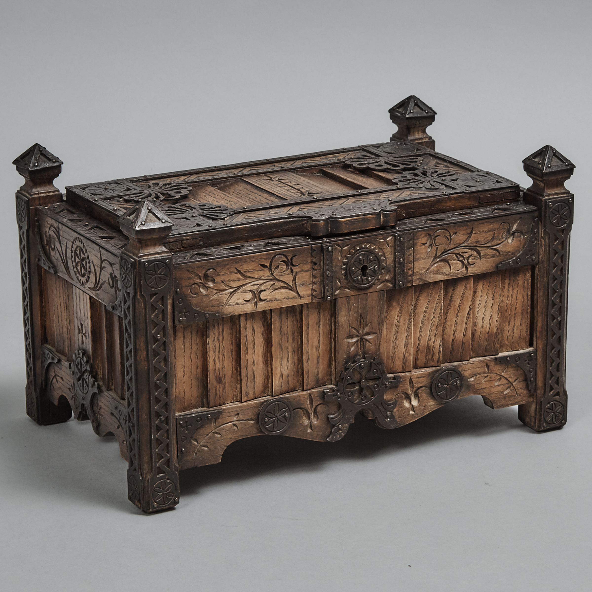 Continental Renaissance Revival Iron Overlaid Oak Table Casket, early 20th century
