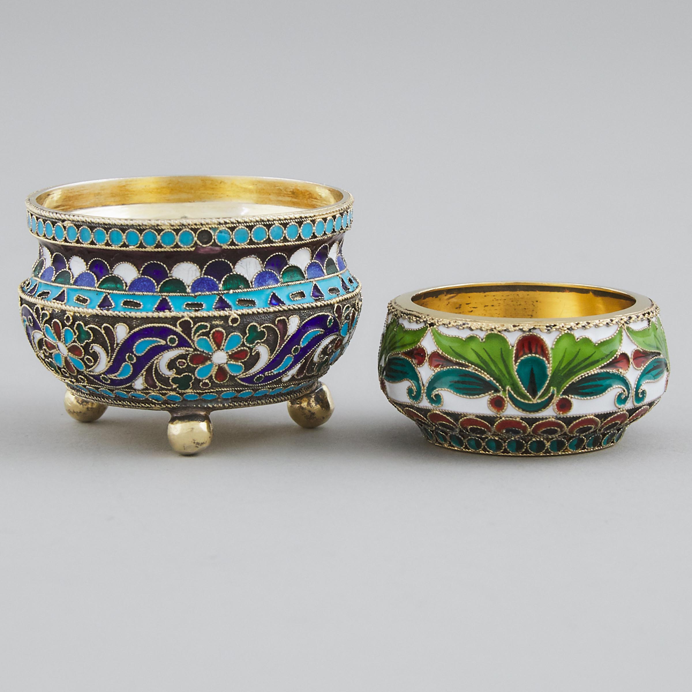 Two Russian Silver-Gilt and Cloisonné Enamel Salt Cellars, Moscow and St. Petersburg, early 20th century