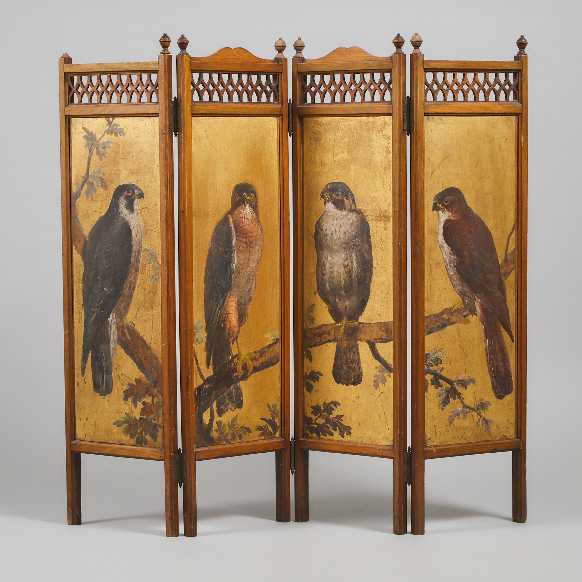 Victorian Painted Walnut Avian Folding Table Screen, late 19th century