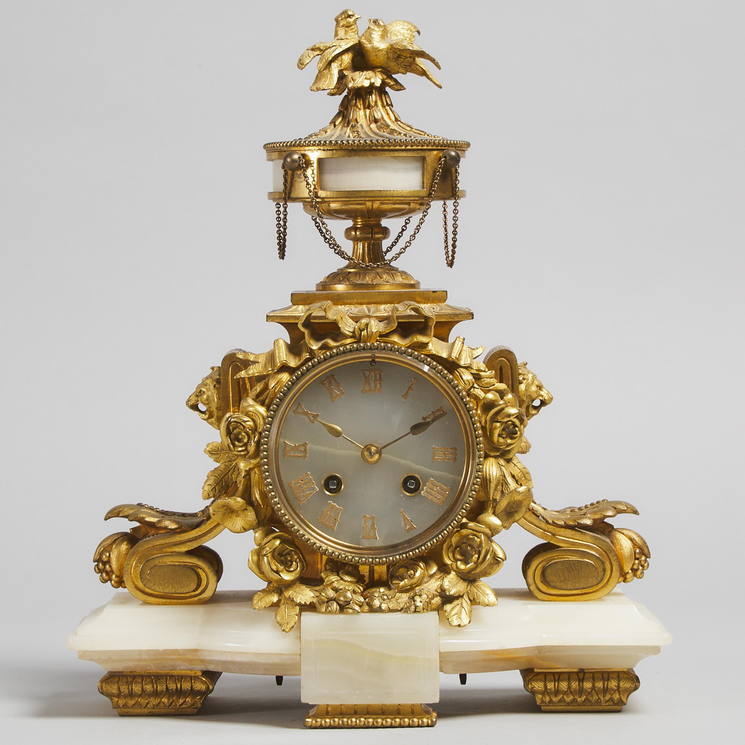 French Louis XVI Style Ormolu Mounted White Alabaster Mantel Clock, late 19th century 