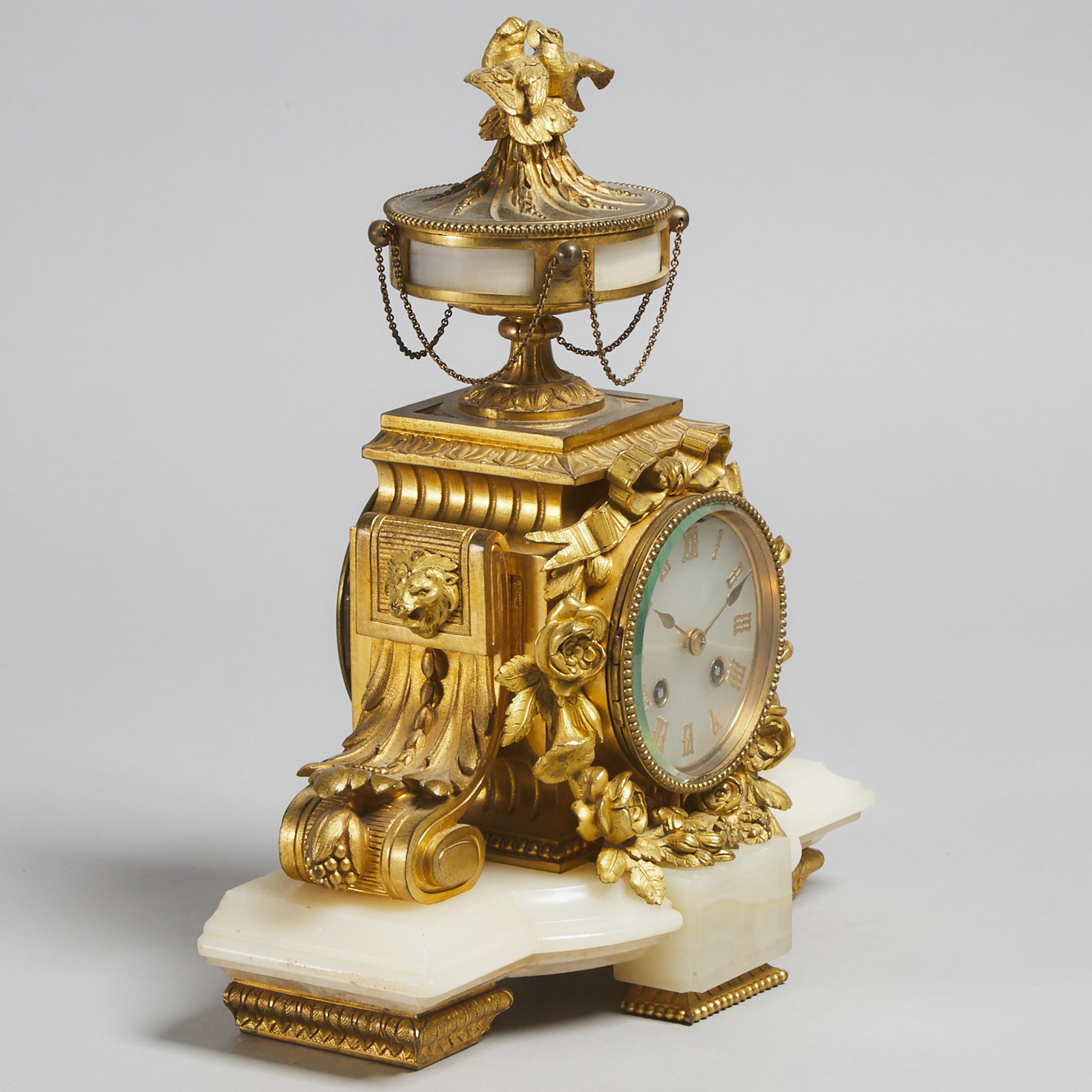 French Louis XVI Style Ormolu Mounted White Alabaster Mantel Clock, late 19th century 