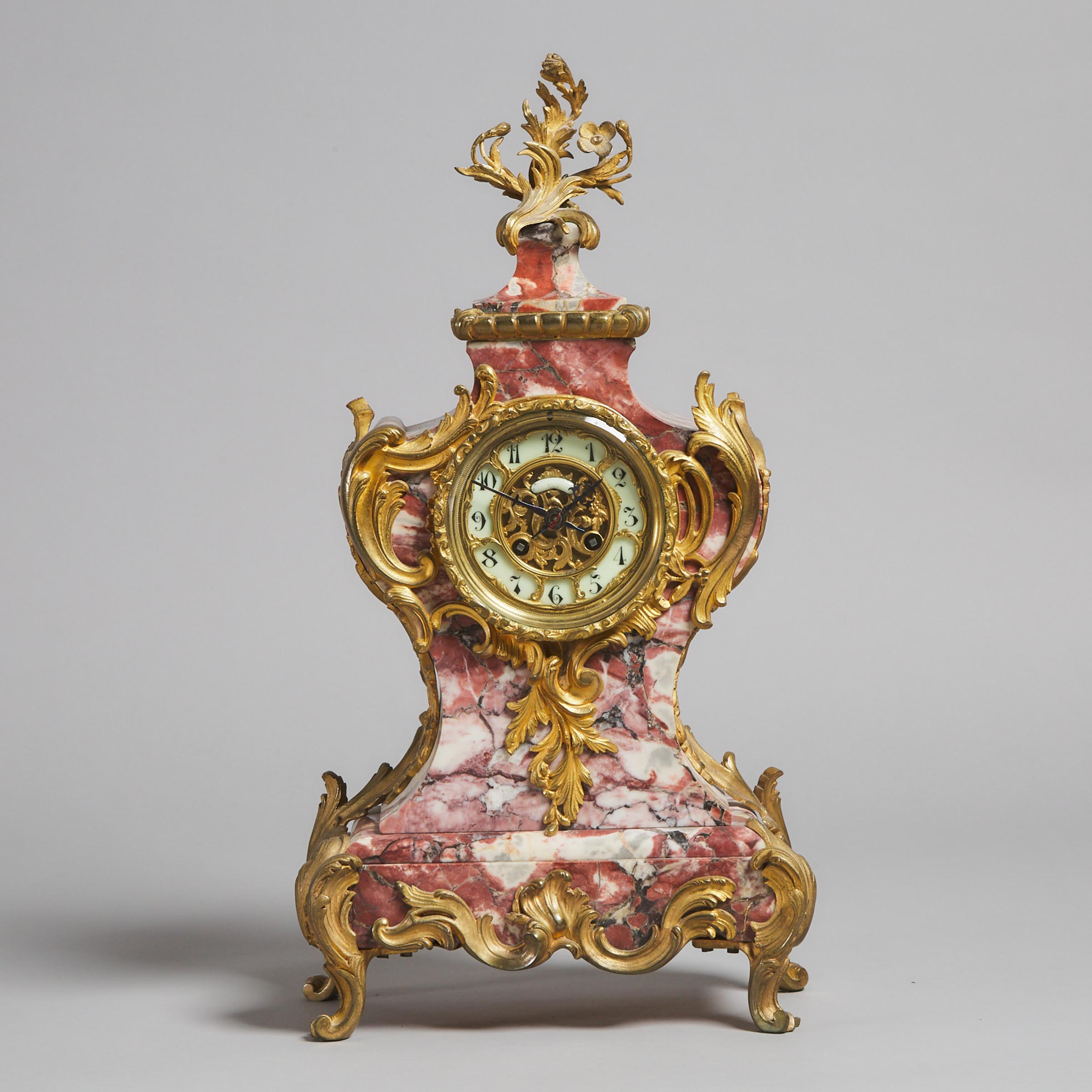 French Rococo Ormolu Mounted Bréche Rouge Marble Mantle Clock, late 19th century