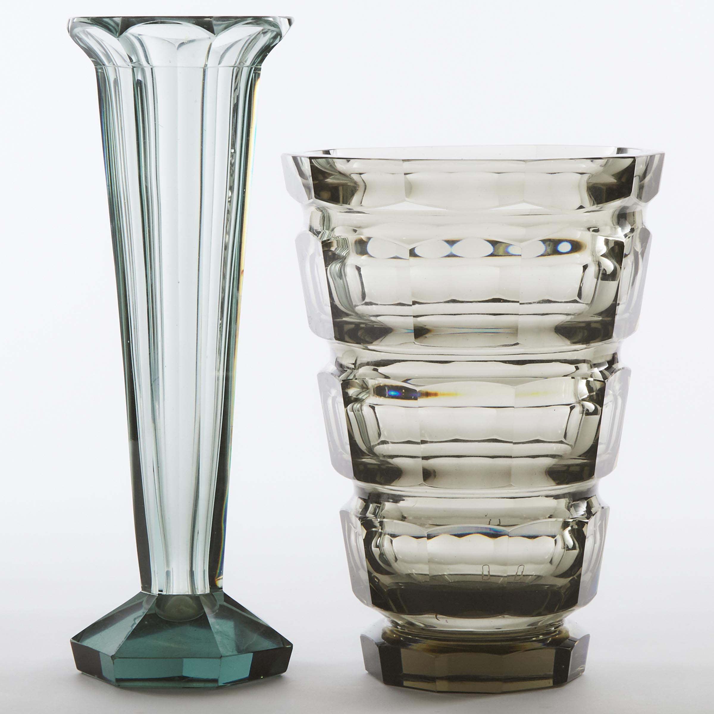 Two Bohemian Cut Grey Glass Vases, in the style of Josef Hoffmann, 20th century