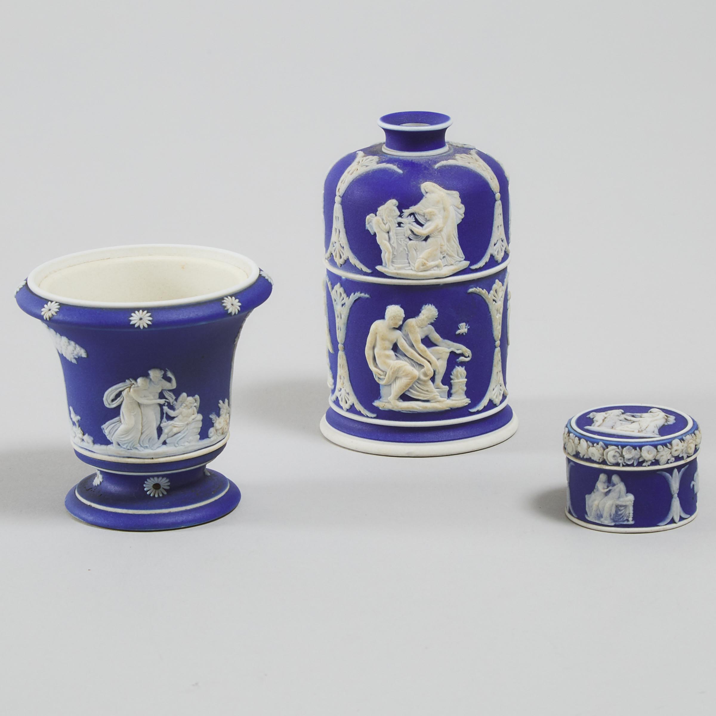 Wedgwood Blue Jasper-Dip Vesta Box with Taperstick Cover, Pomade Jar, and a Pastille Burner, 19th century