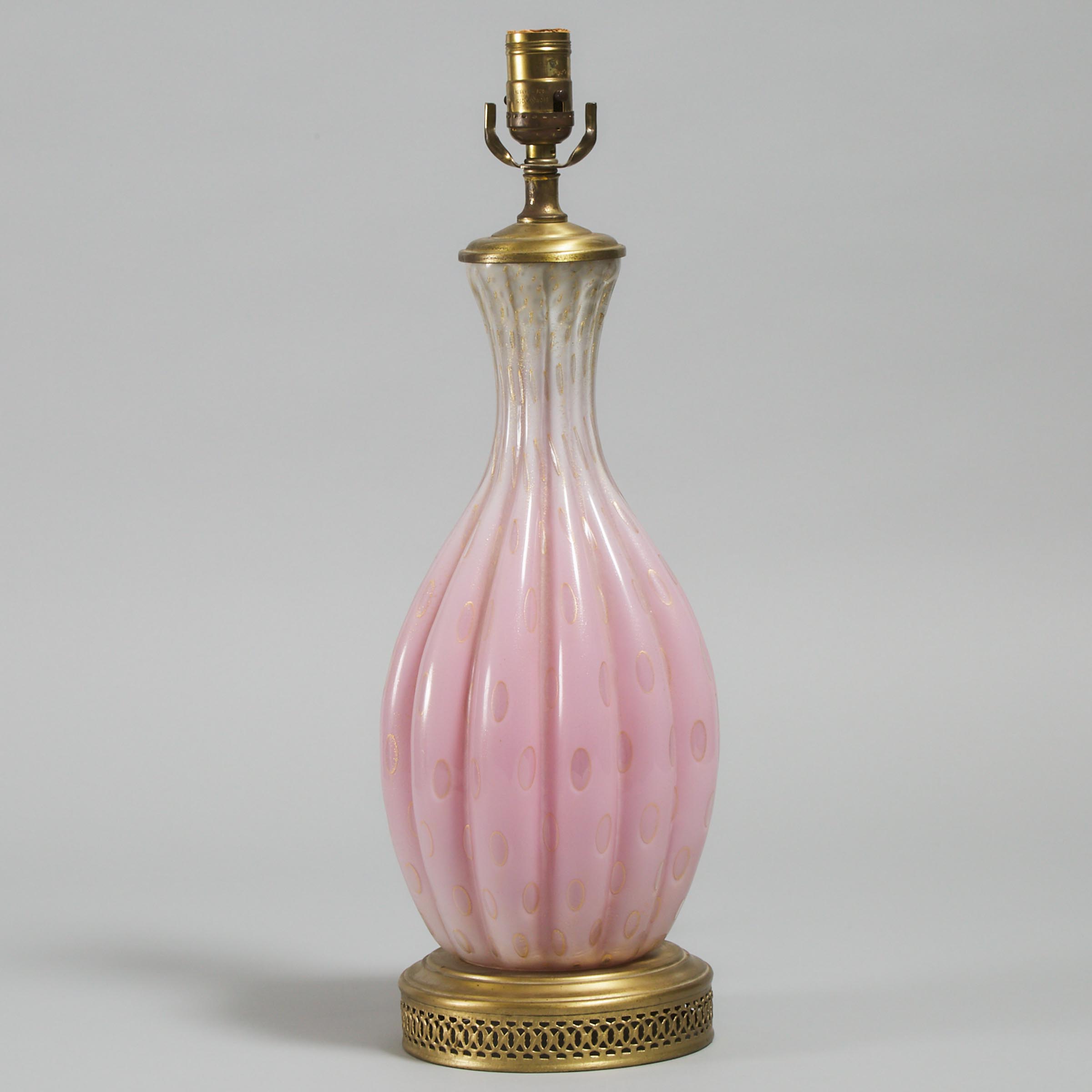 Murano Pink and Gilt Fluted Glass Table Lamp, mid-20th century