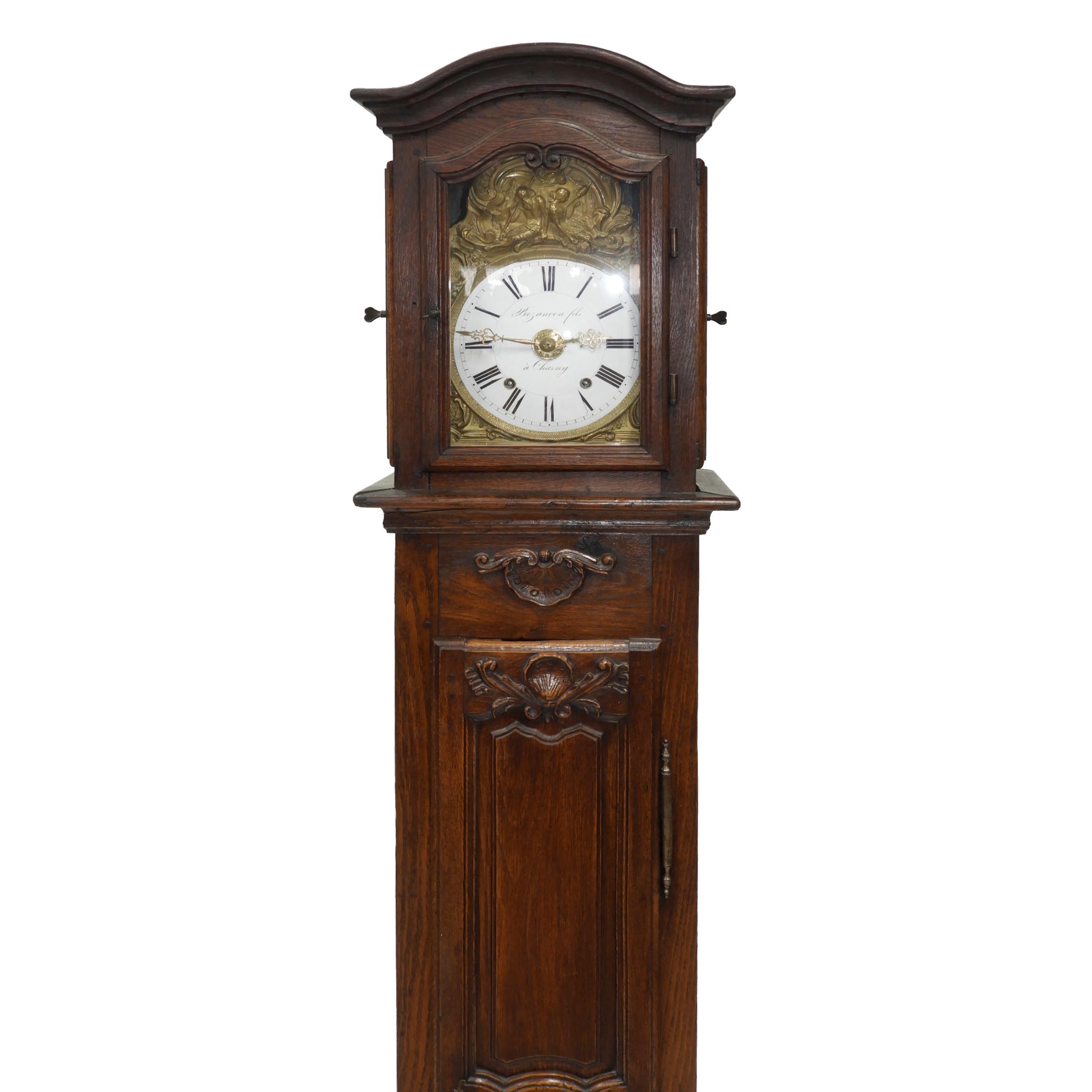 French Carved Oak Tall Case Morbier Clock, Bezancon Fils, Charny, 19th century