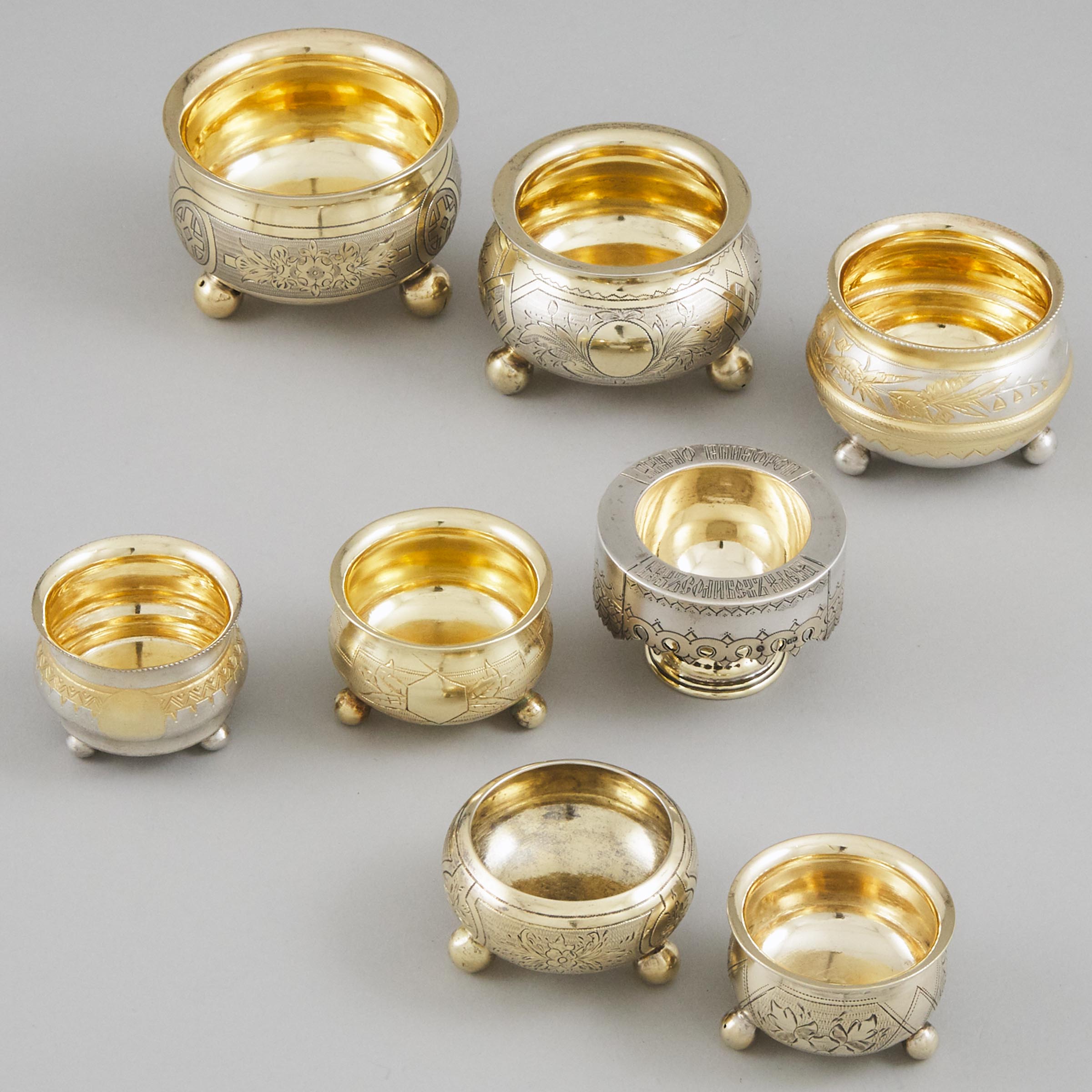 Eight Russian Silver and Silver-Gilt Salt Cellars, late 19th/early 20th century