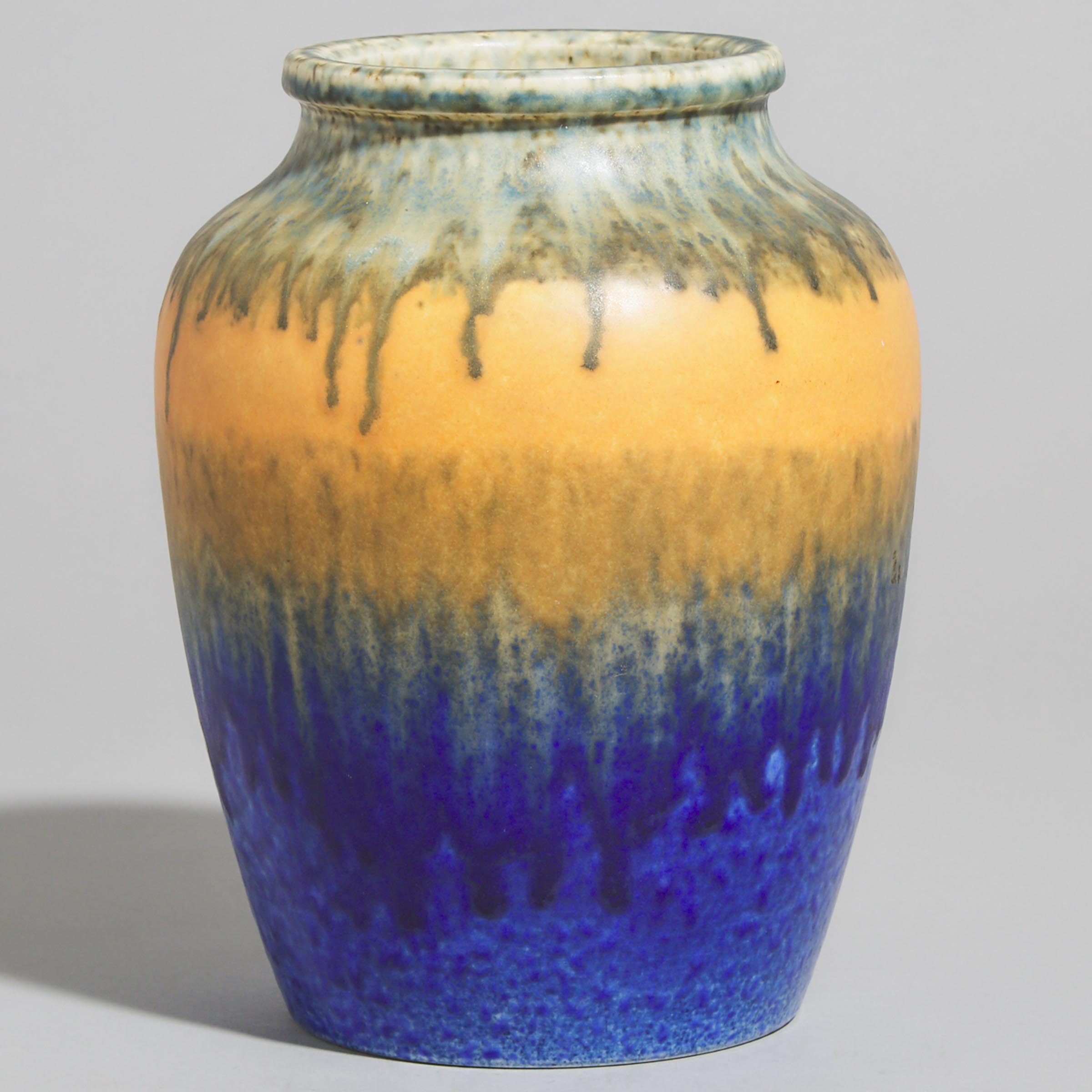 Ruskin Mottled Blue, Orange, and Green Glazed Vase, 1930