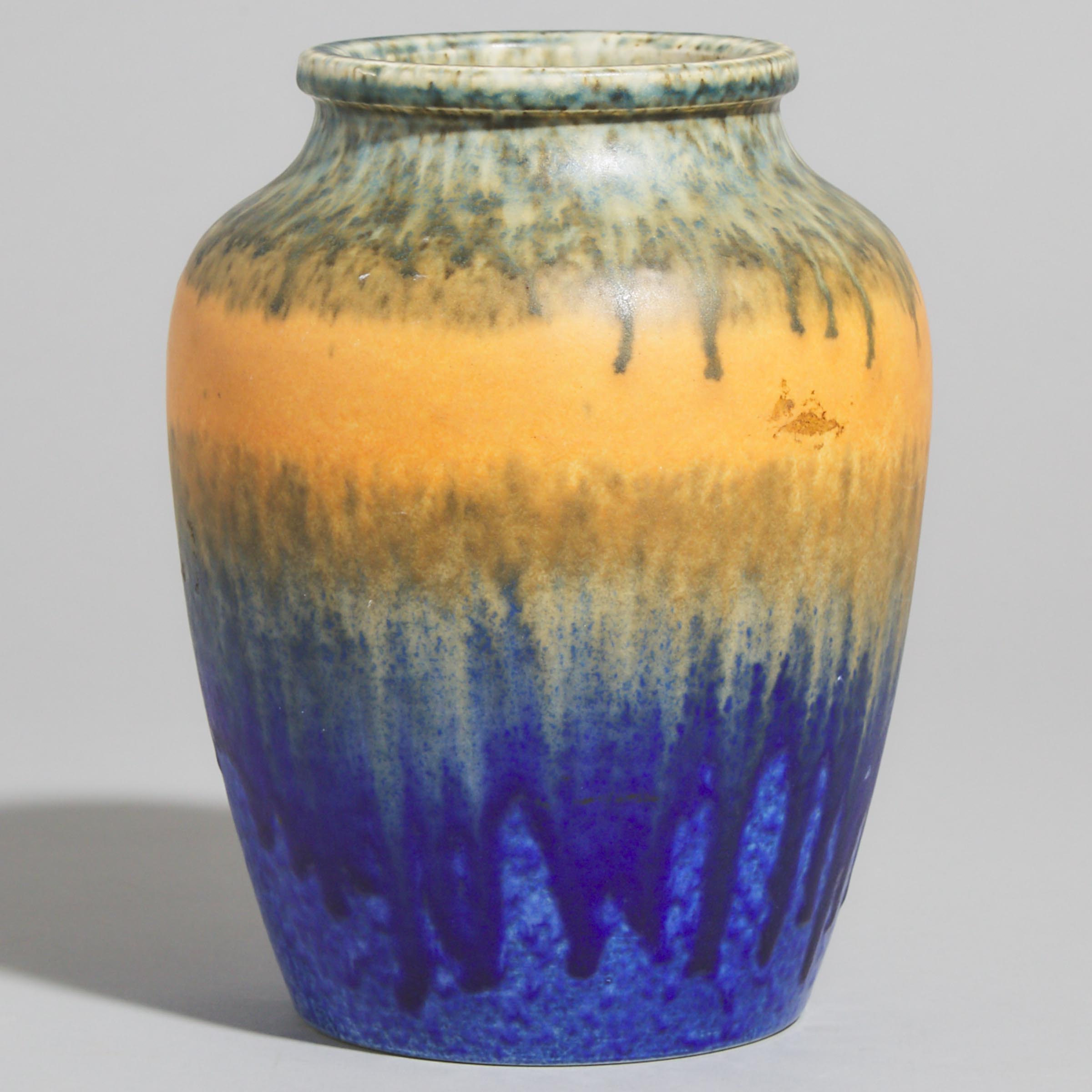 Ruskin Mottled Blue, Orange, and Green Glazed Vase, 1930