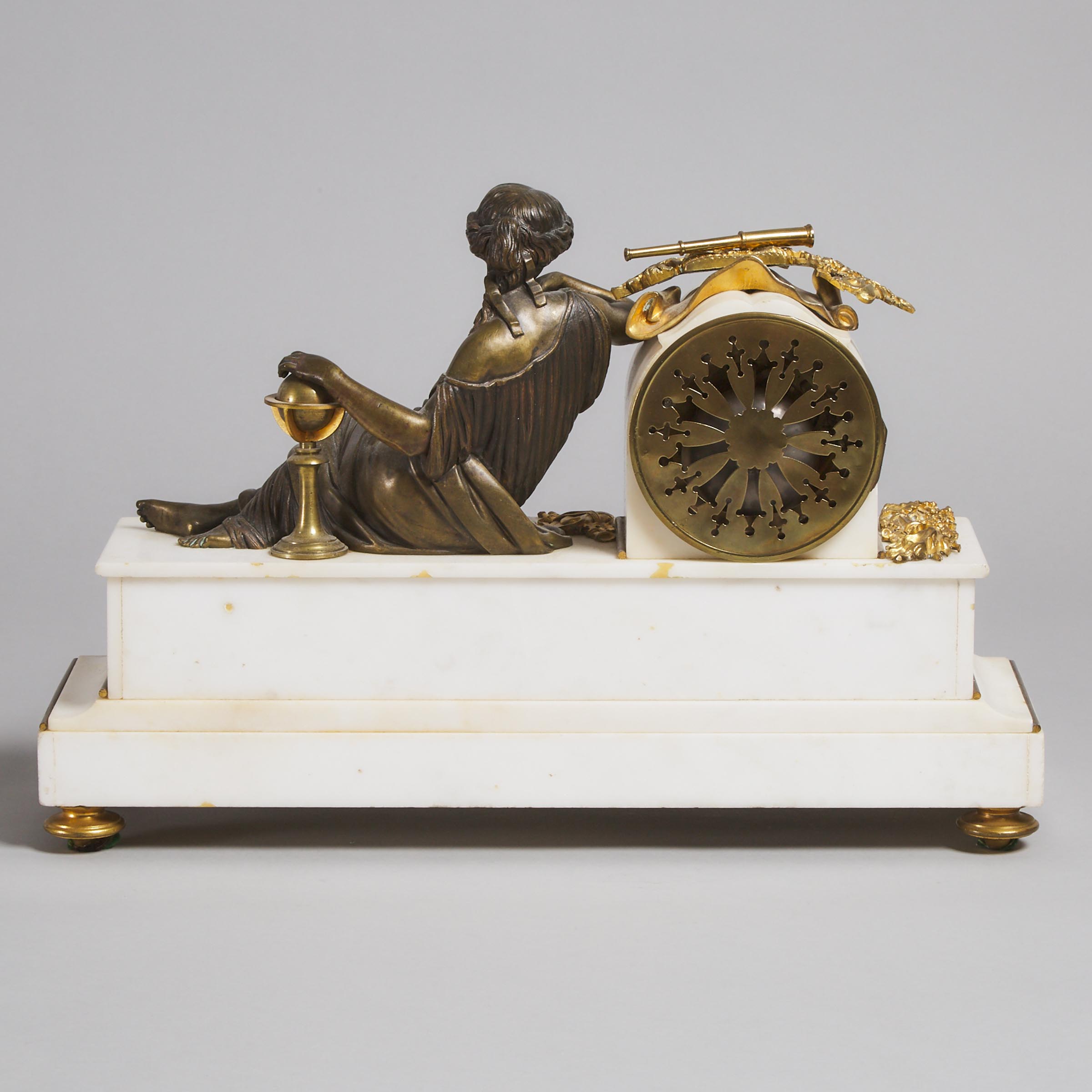 French Neoclassical Gilt and Patinated Bronze Mounted White Marble Figural Mantel Clock, c.1860